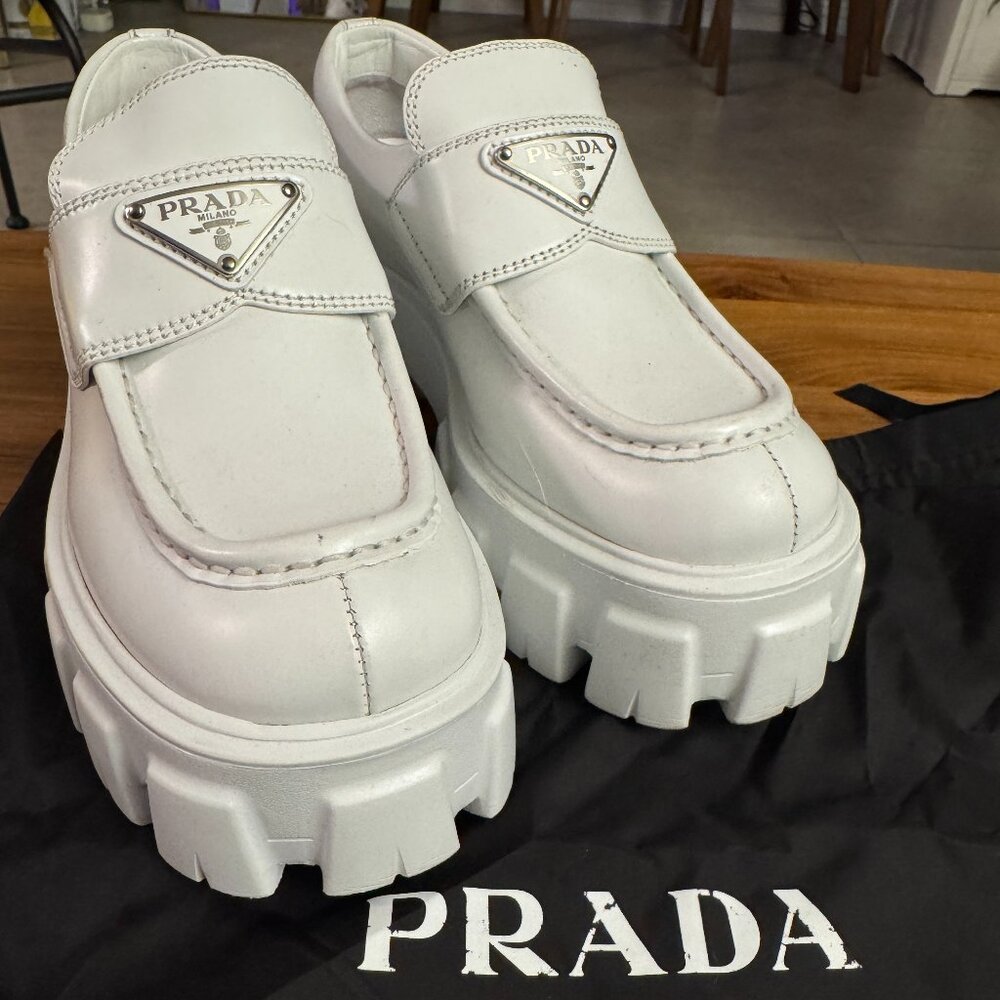 PRADA monolith loafers white brushed leather sz 35